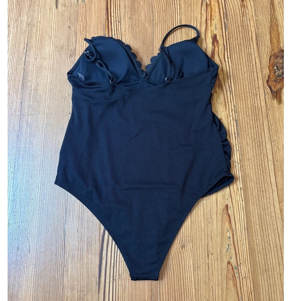 One Piece Swimsuit Women Navy Blue Scalloped Ribbed SIZE L